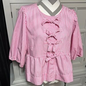 Velvet Heart Pink & White Striped Bow Blouse Size Large